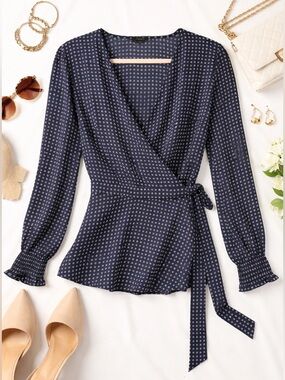 Ann Taylor Navy Wrap Blouse with Micro Dot Pattern